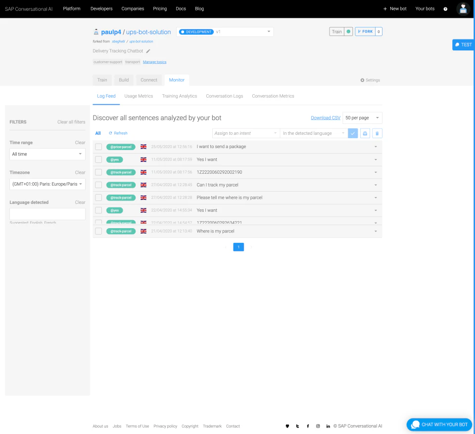 screenshot of SAP Conversational AI
